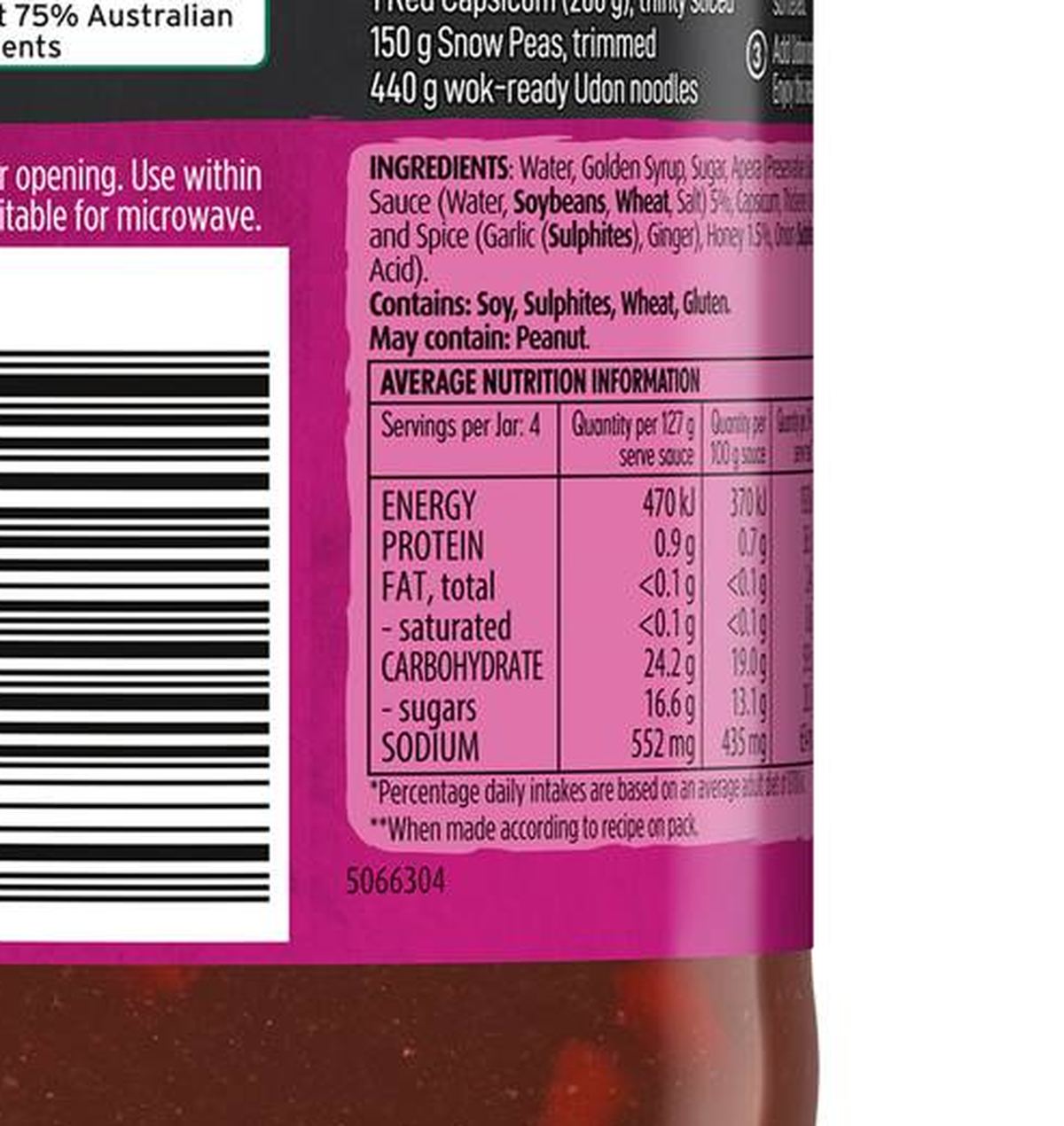 Pack photograph of Kan Tong Honey Teriyaki Stir Fry Sauce 510g showing the printed nutrition panel