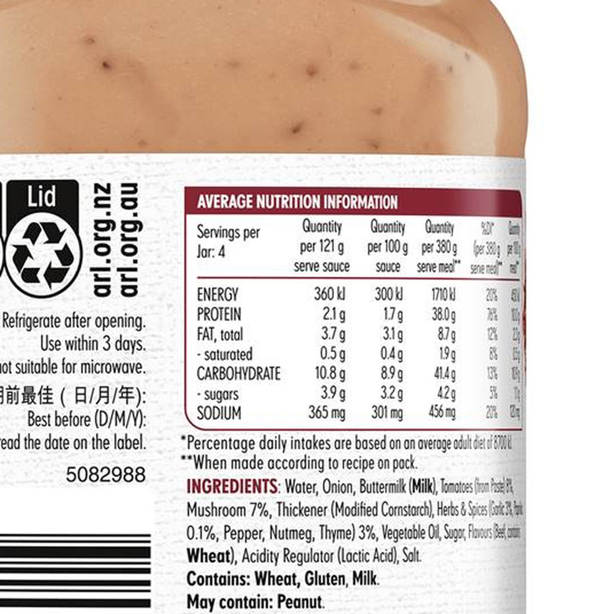 Pack photograph of MasterFoods Beef Stroganoff Cooking Sauce 495g showing the printed nutrition panel