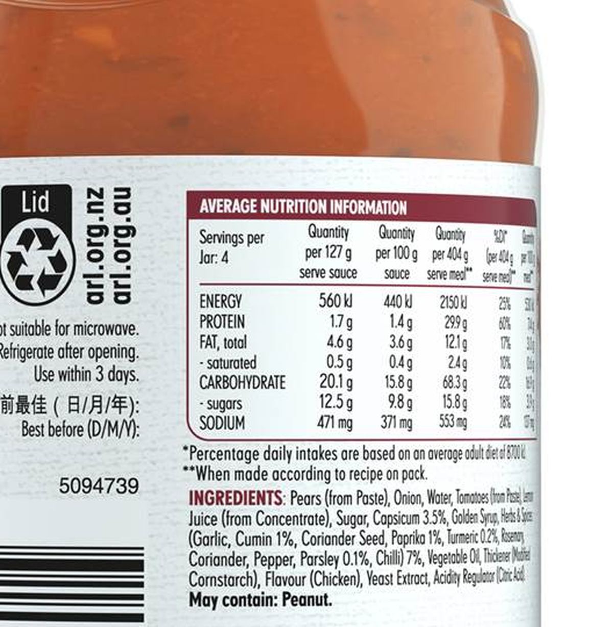 Pack photograph of MasterFoods Moroccan Chicken Simmer Sauce 510g showing the printed nutrition panel