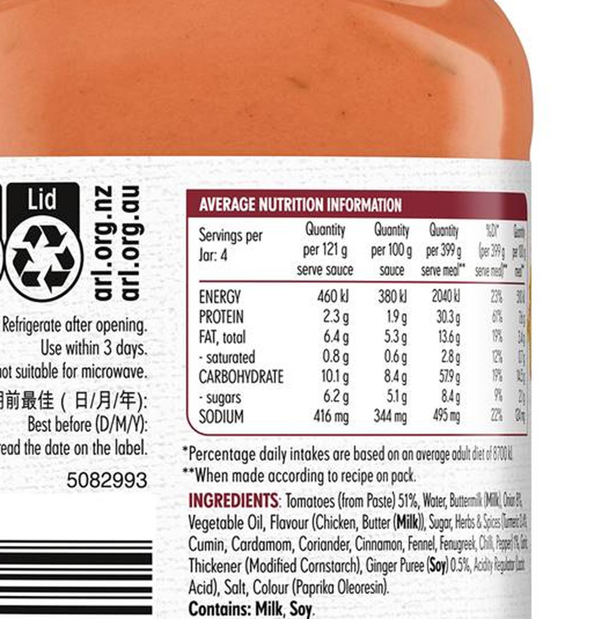 Pack photograph of MasterFoods Butter Chicken Cooking Sauce 485g showing the printed nutrition panel