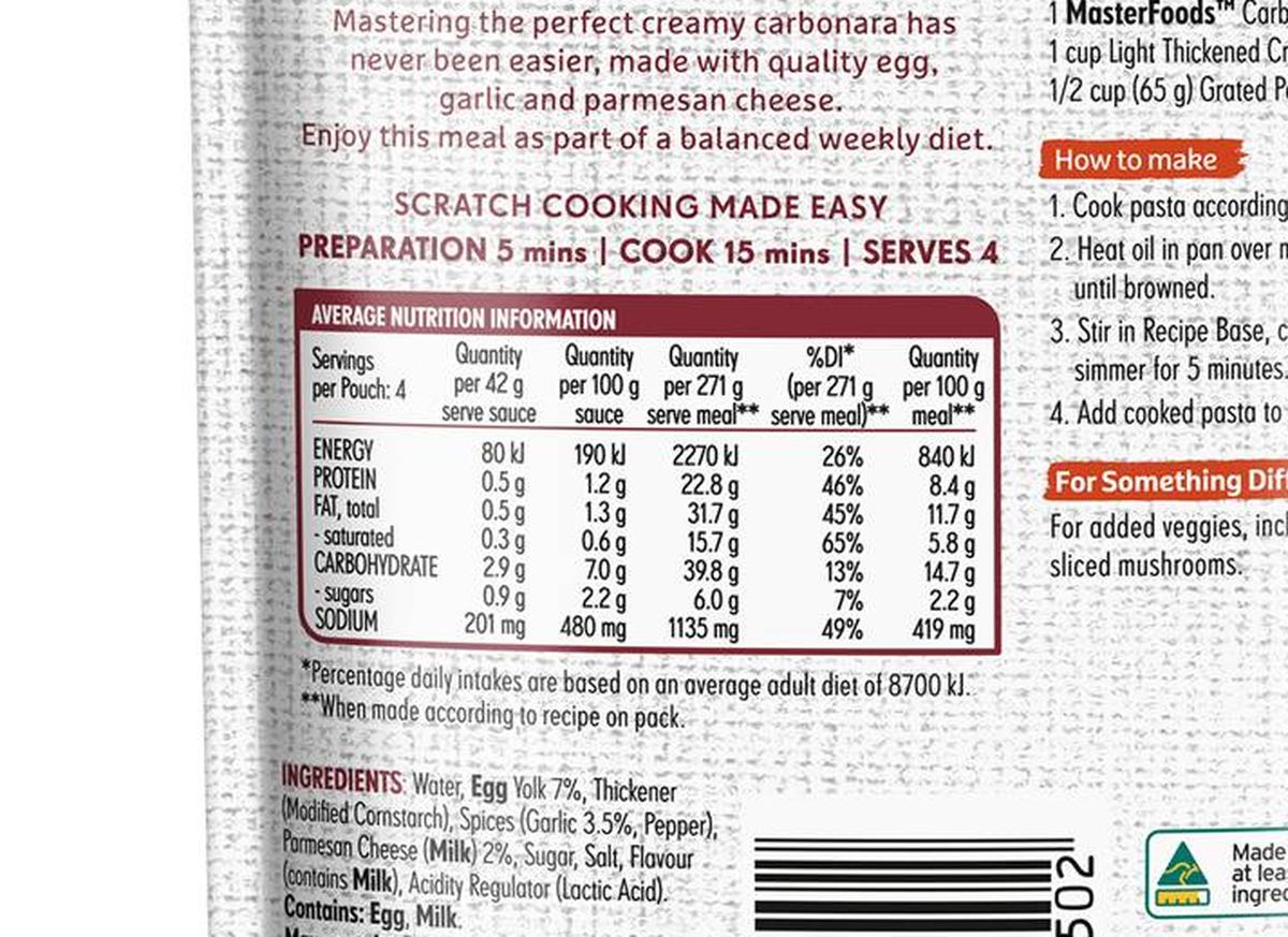 Pack photograph of MasterFoods Carbonara Recipe Base 170g showing the printed nutrition panel