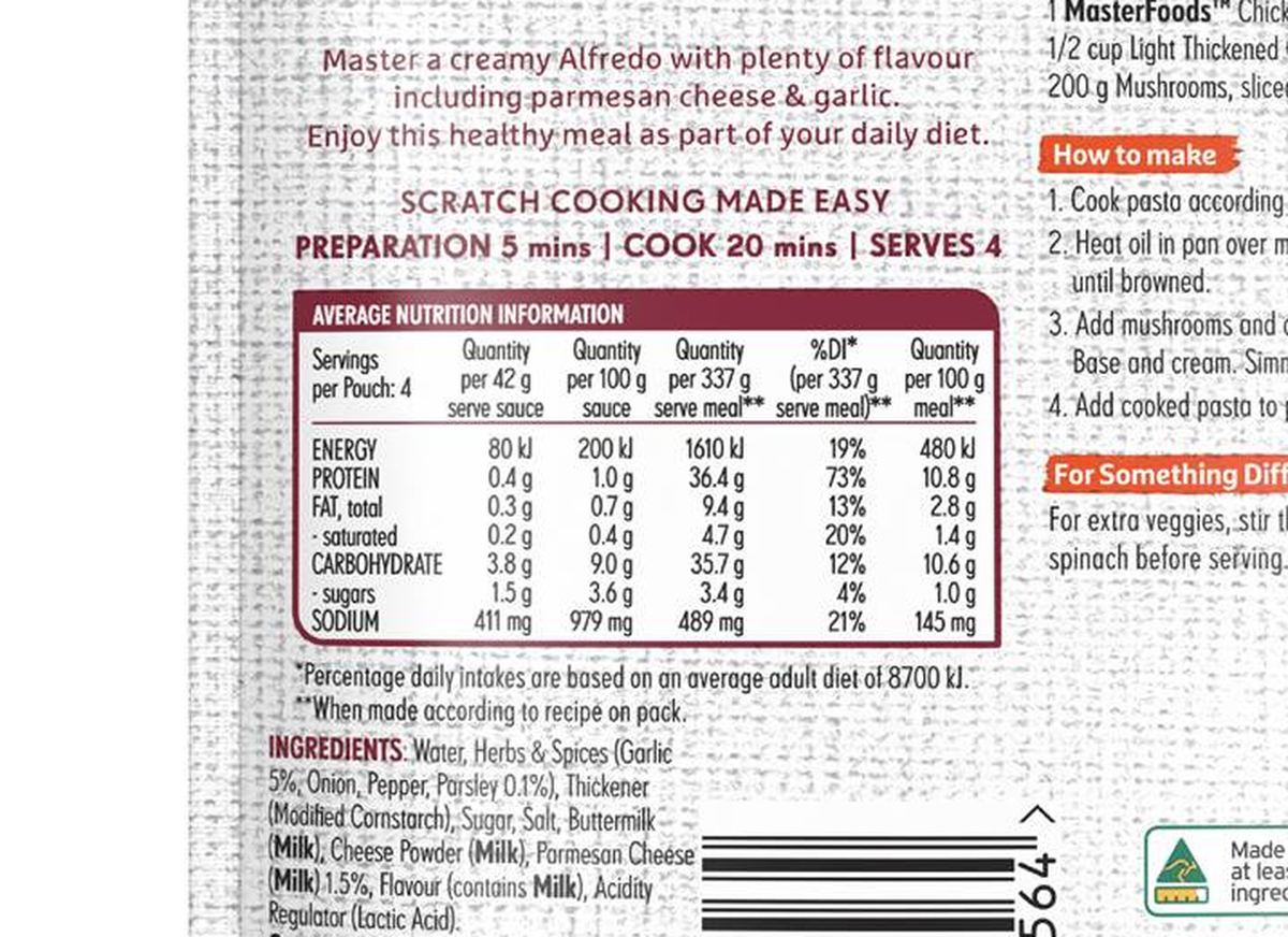 Pack photograph of MasterFoods Chicken Alfredo Recipe Base 170g showing the printed nutrition panel