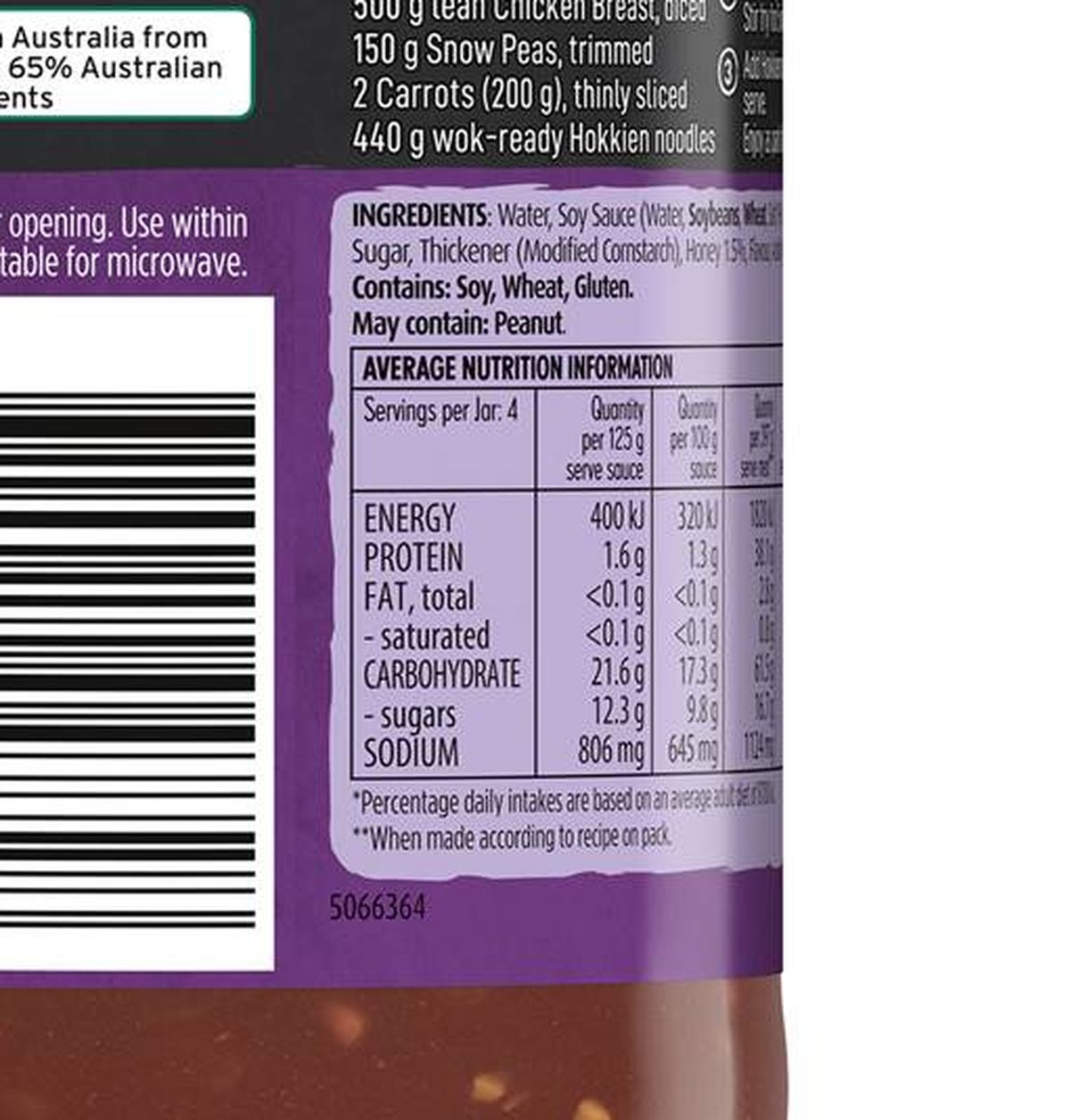 Pack photograph of Kan Tong Honey Soy Garlic Stir Fry Sauce 500g showing the printed nutrition panel