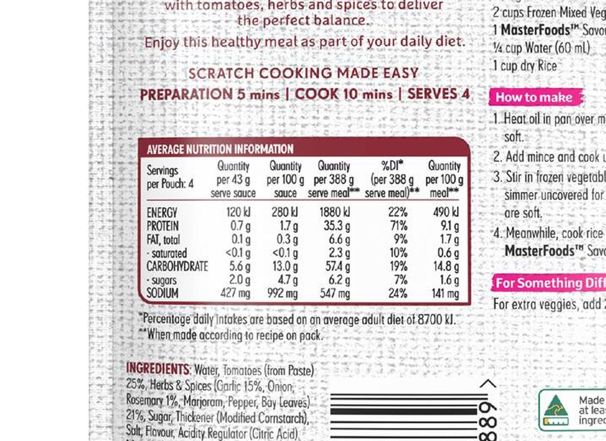 Pack photograph of MasterFoods Savoury Mince Recipe Base 175g showing the printed nutrition panel