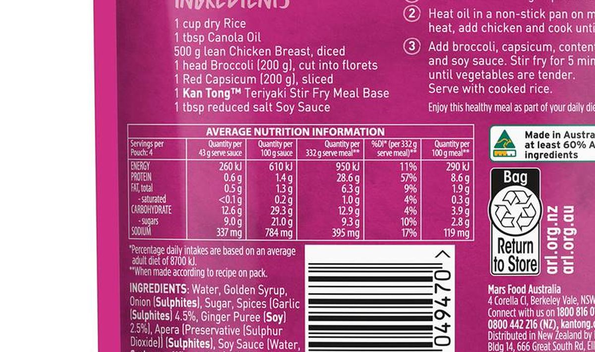 Pack photograph of Kan Tong Teriyaki Chicken Meal Base Pouch 175g showing the printed nutrition panel