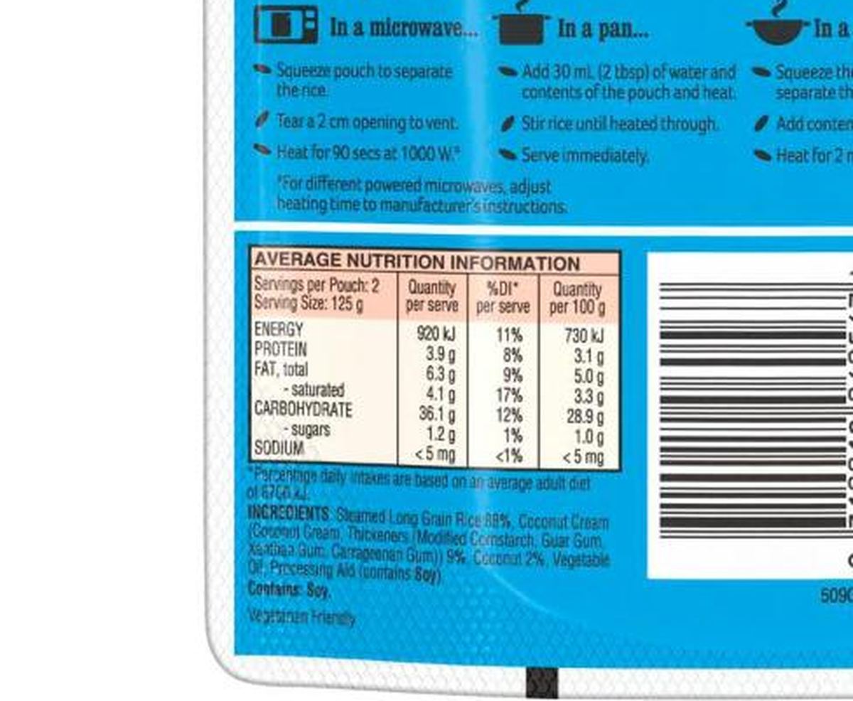 Pack photograph of Ben's Original Lightly Flavour Coconut Microwave Rice Pouch 250g showing the printed nutrition panel