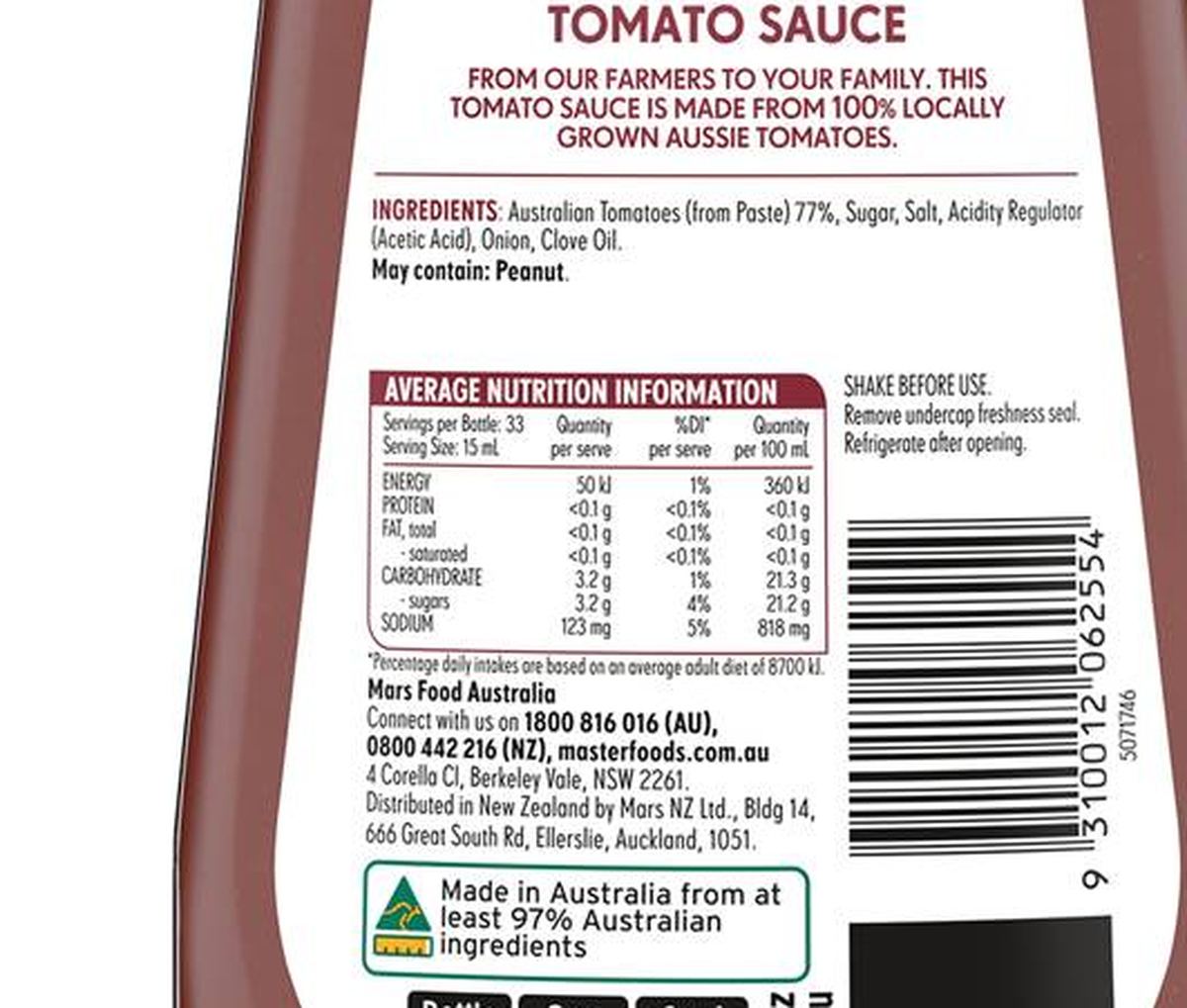 Pack photograph of MasterFoods Aussie Farmers Tomato Sauce 500mL showing the printed nutrition panel