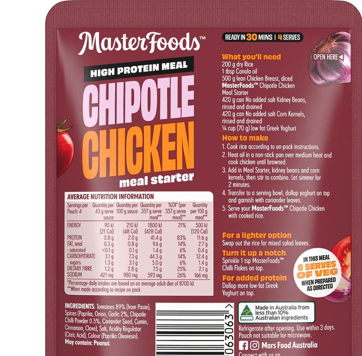 Pack photograph of MasterFoods x My Muscle Chef Chipotle Chicken Recipe Base 175g showing the printed nutrition panel