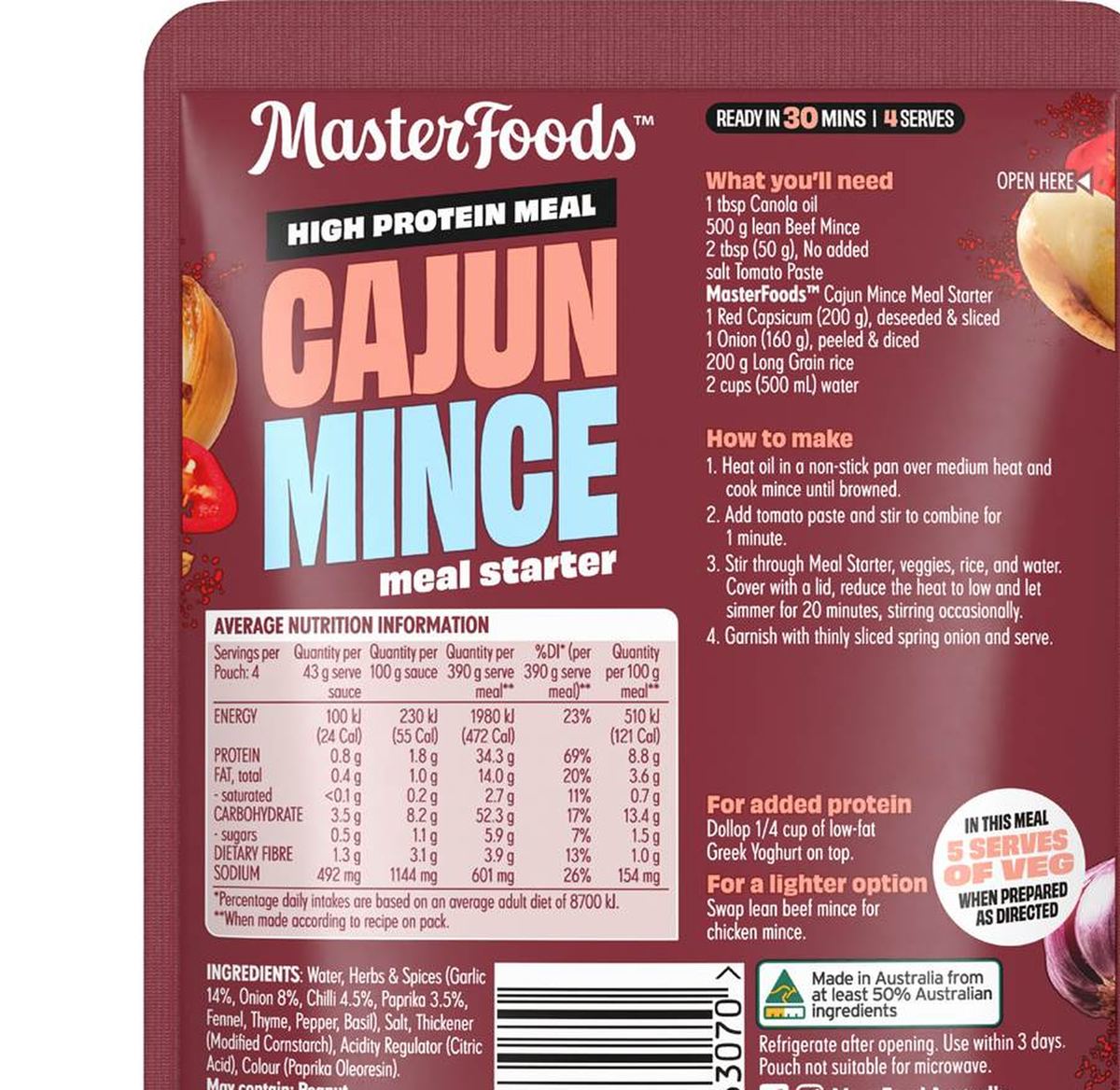 Pack photograph of MasterFoods x My Muscle Chef Cajun Mince Recipe Base 175g showing the printed nutrition panel