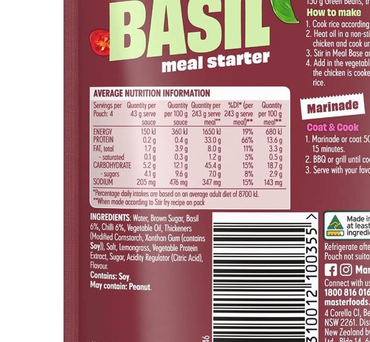 Pack photograph of MasterFoods Recipe Base Sweet Chilli Basil 175g showing the printed nutrition panel