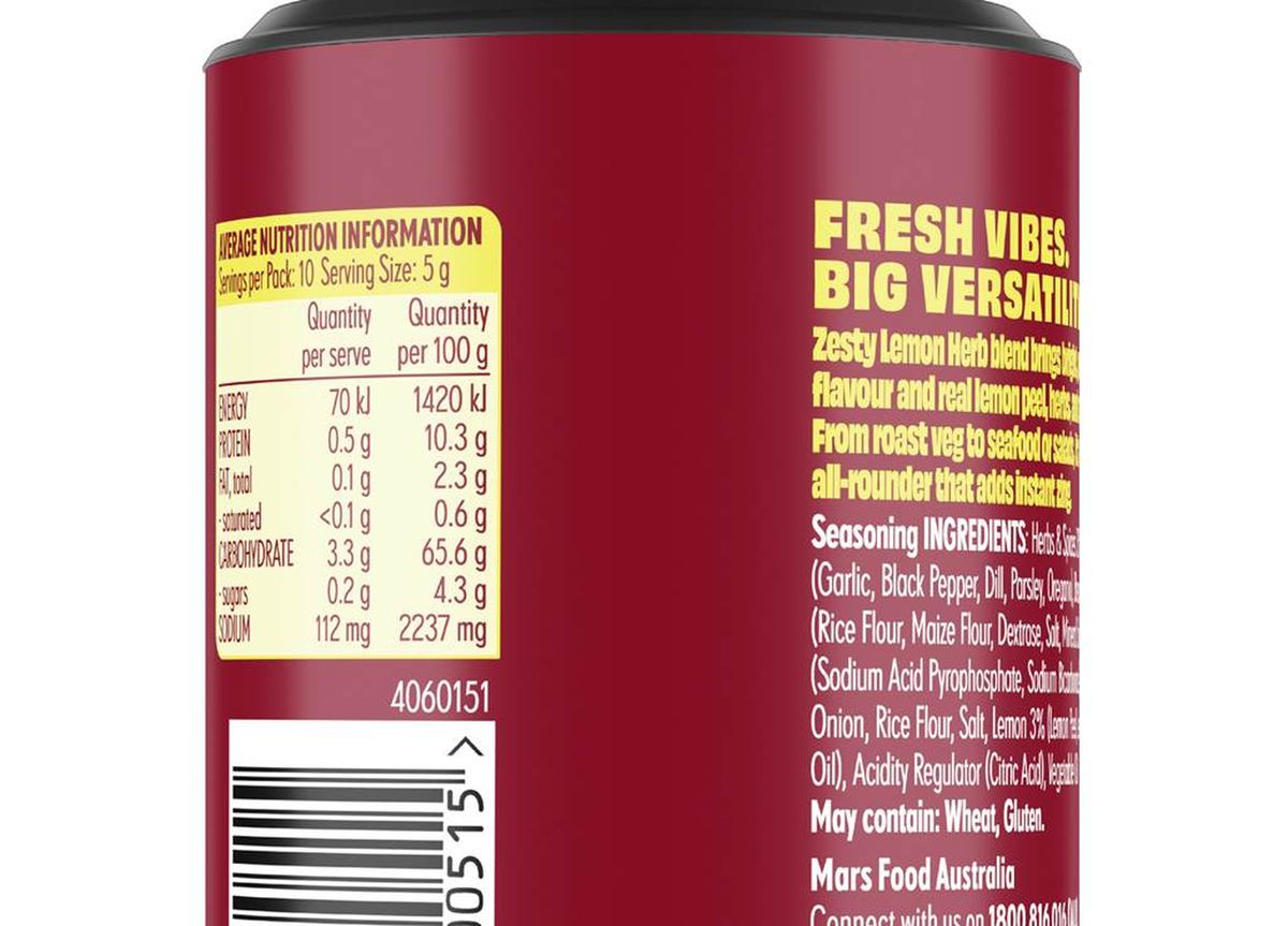 Pack photograph of Masterfoods Zesty Lemon Herb Topper Seasoning 45g showing the printed nutrition panel