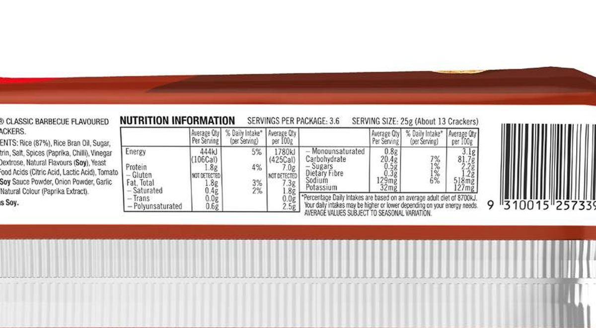 Pack photograph of Sakata Rice Crackers Barbeque Snack 90g showing the printed nutrition panel