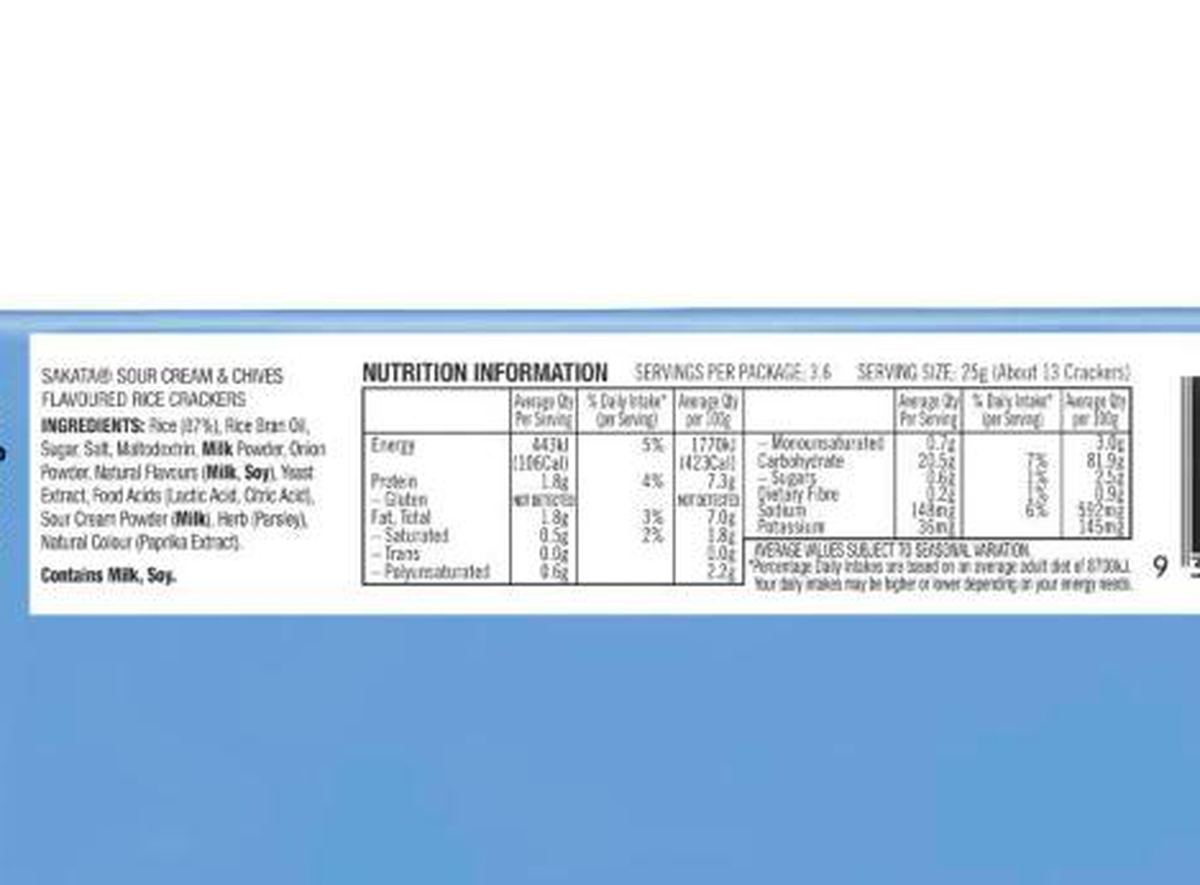 Pack photograph of Sakata Rice Crackers Sour Cream & Chives Snack 90g showing the printed nutrition panel