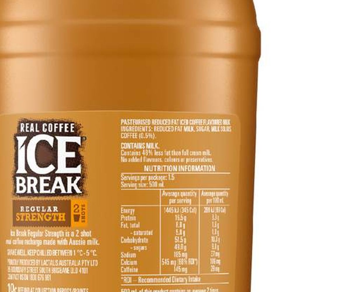 Pack photograph of Ice Break Iced Coffee Regular Flavoured Milk 750mL showing the printed nutrition panel