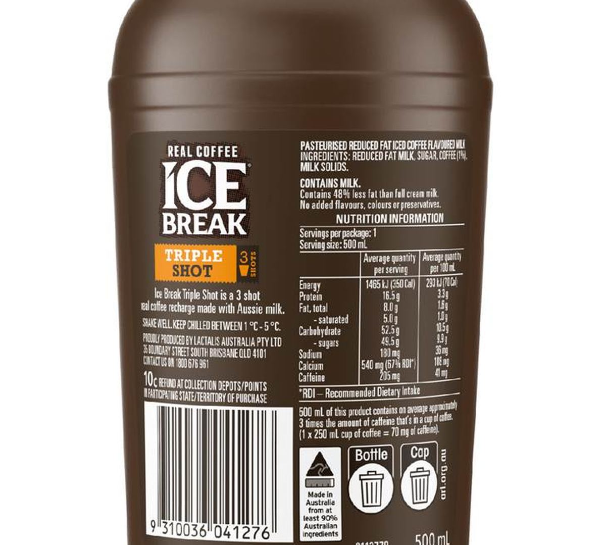 Pack photograph of Ice Break Iced Coffee Triple Shot Flavoured Milk 500mL showing the printed nutrition panel