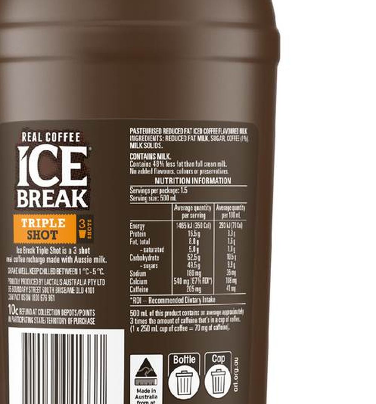 Pack photograph of Ice Break Iced Coffee Triple Shot Flavoured Milk 750mL showing the printed nutrition panel