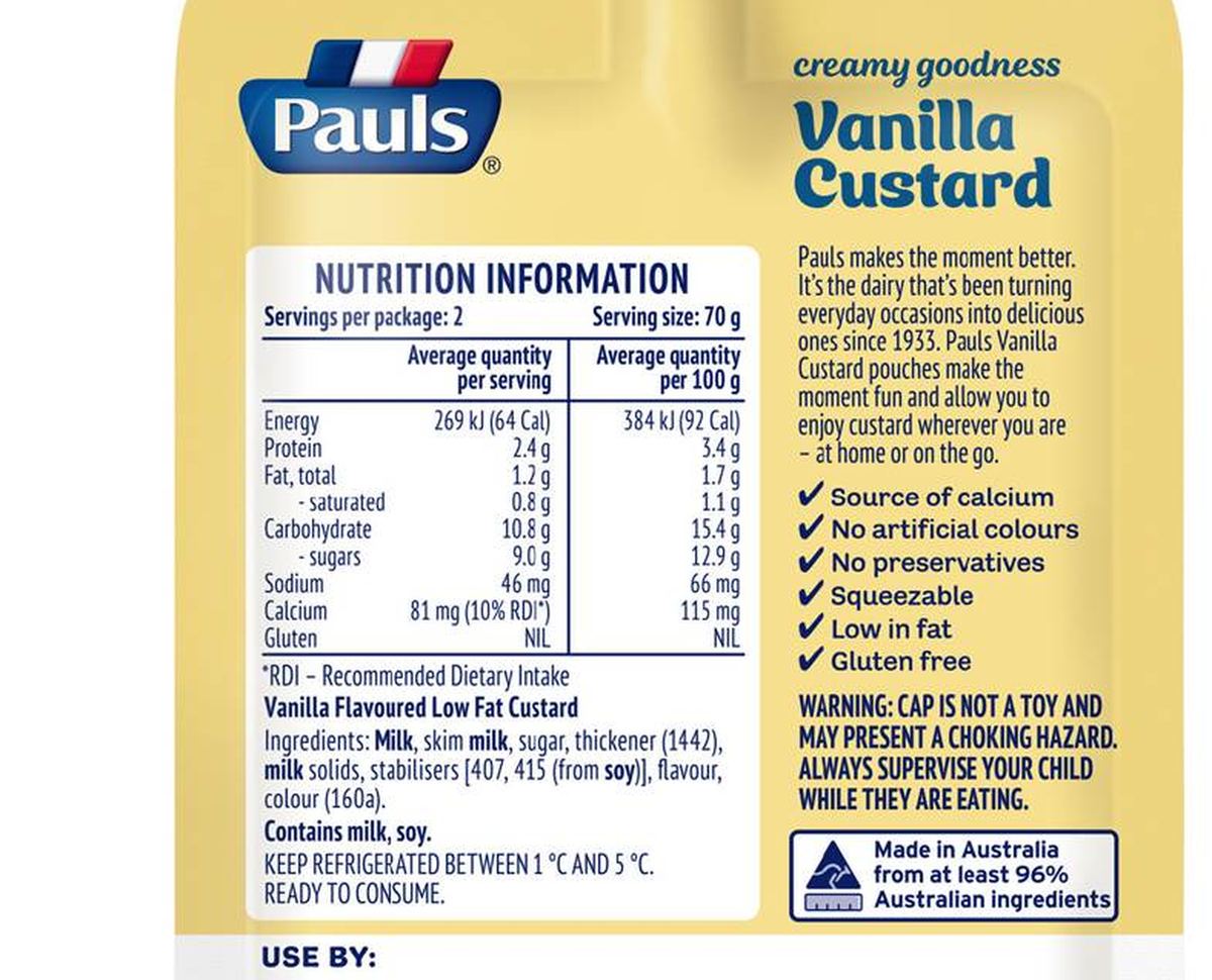Pack photograph of Pauls Vanilla Custard Pouch 140g showing the printed nutrition panel