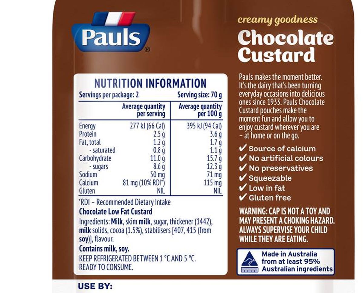 Pack photograph of Pauls Chocolate Custard Pouch 140g showing the printed nutrition panel