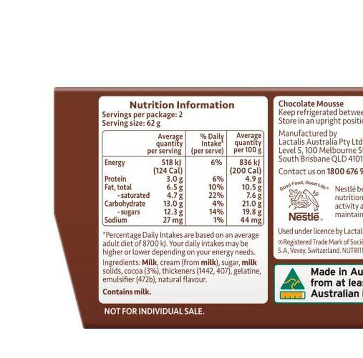 Pack photograph of Nestle Aero Chocolate Mousse Dessert 62g x 2 pack showing the printed nutrition panel