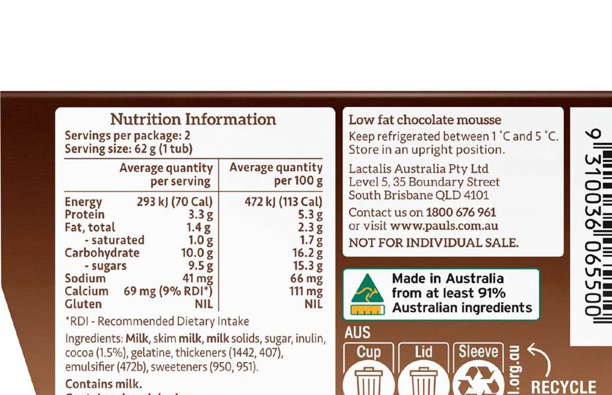 Pack photograph of Pauls Low Fat Chocolate Mousse Chocolate Mousse 62g x 2 pack showing the printed nutrition panel