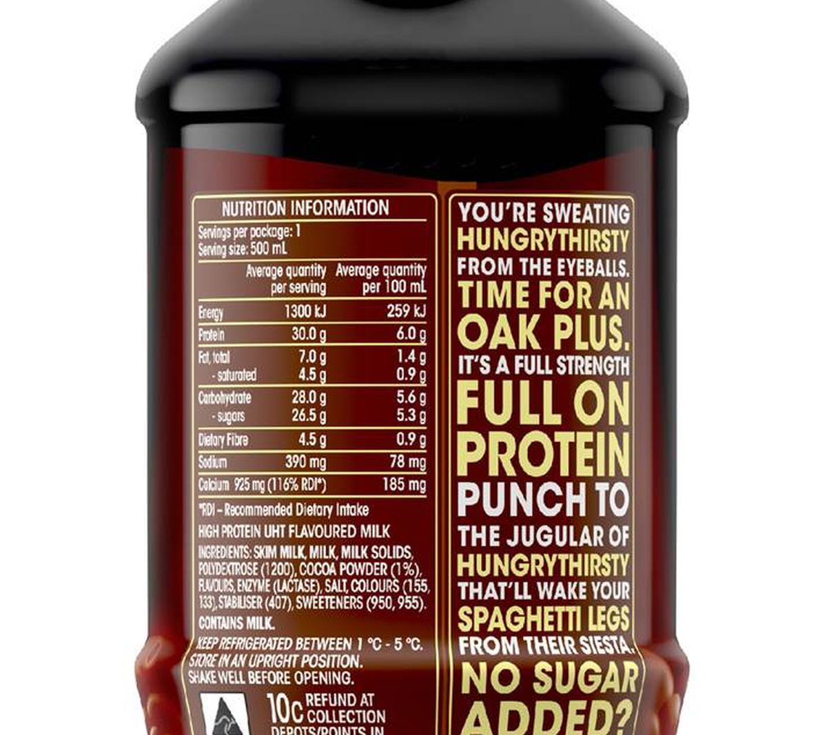 Pack photograph of Oak Plus Protein Chocolate Flavoured Milk 500mL showing the printed nutrition panel