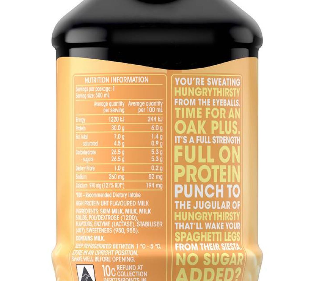 Pack photograph of Oak Plus Protein Vanilla Flavoured Milk 500mL showing the printed nutrition panel