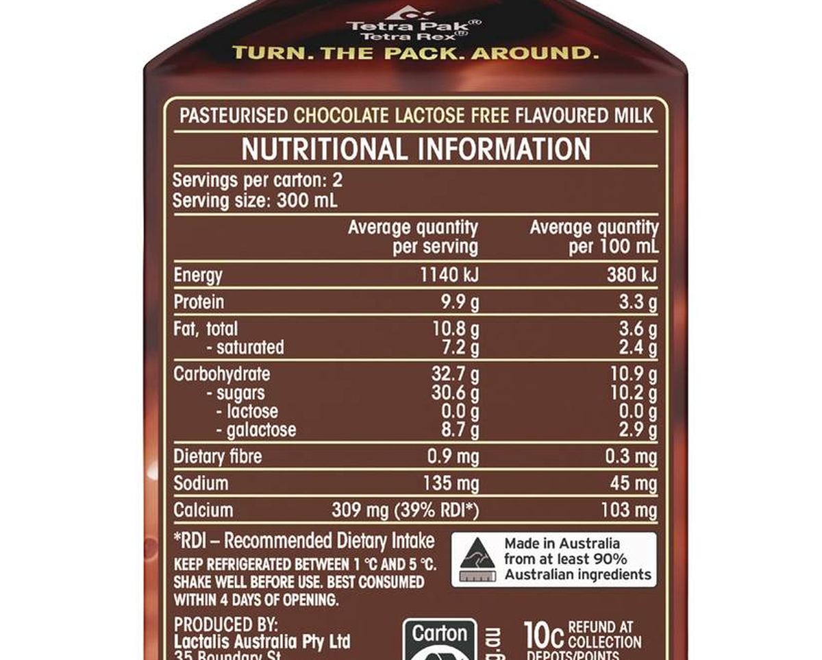 Pack photograph of Oak Lactose Free Choc Flavoured Milk 600mL showing the printed nutrition panel