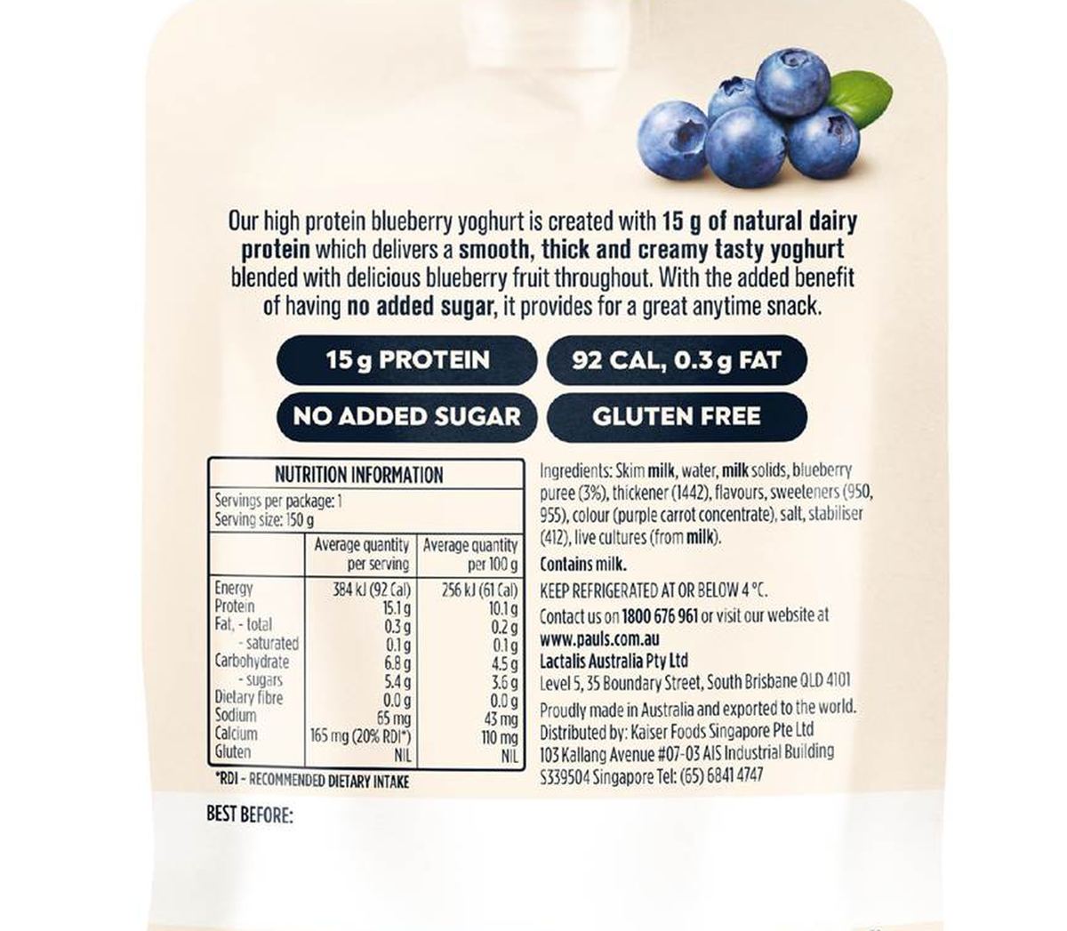 Pack photograph of Pauls Plus Protein Yoghurt Pouch Blueberry 150g showing the printed nutrition panel