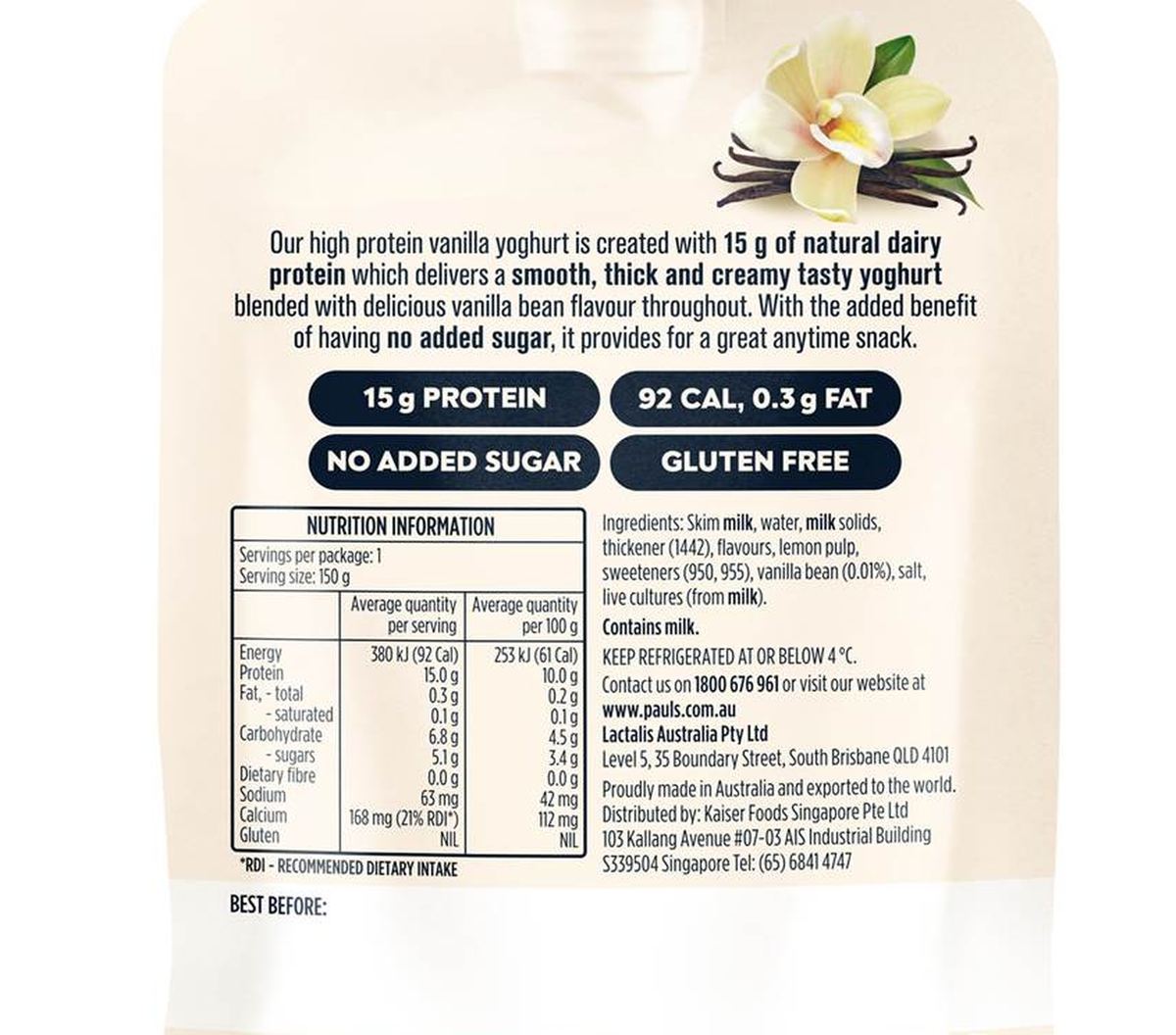 Pack photograph of Pauls Plus Protein Vanilla Yoghurt Pouch No added Sugar 150g showing the printed nutrition panel