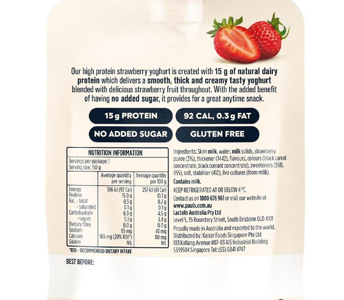 Pack photograph of Pauls Plus Protein Yoghurt Pouch Strawberry 150g showing the printed nutrition panel