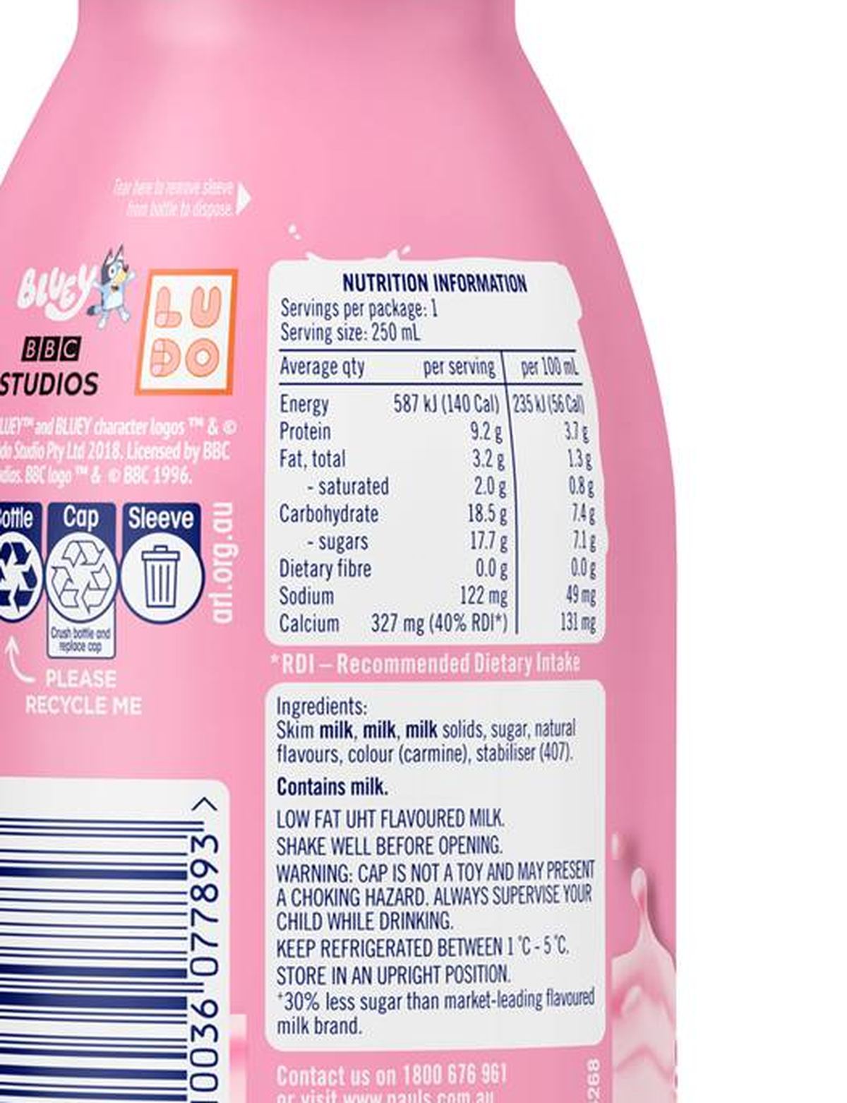 Pack photograph of Pauls Bluey Strawberry Flavoured Milk 250mL showing the printed nutrition panel