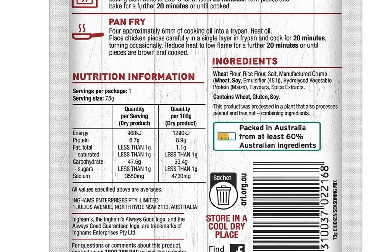 Pack photograph of Ingham's Coating Mix Seasoning Chicken 75g showing the printed nutrition panel