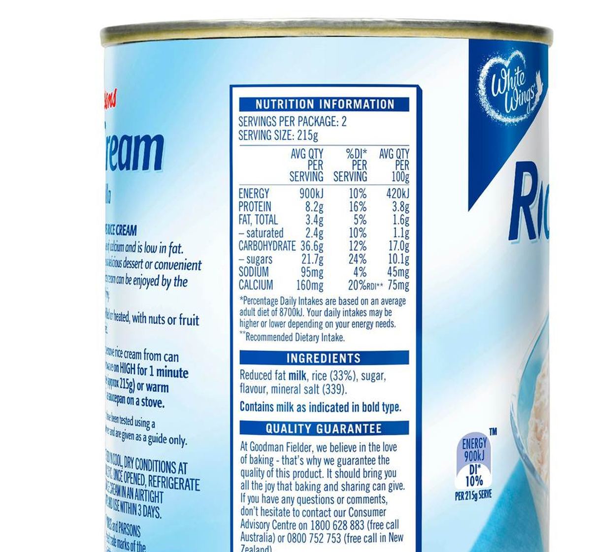 Pack photograph of White Wings Parsons Vanilla Creamed Rice 98% Fat Free 430g showing the printed nutrition panel