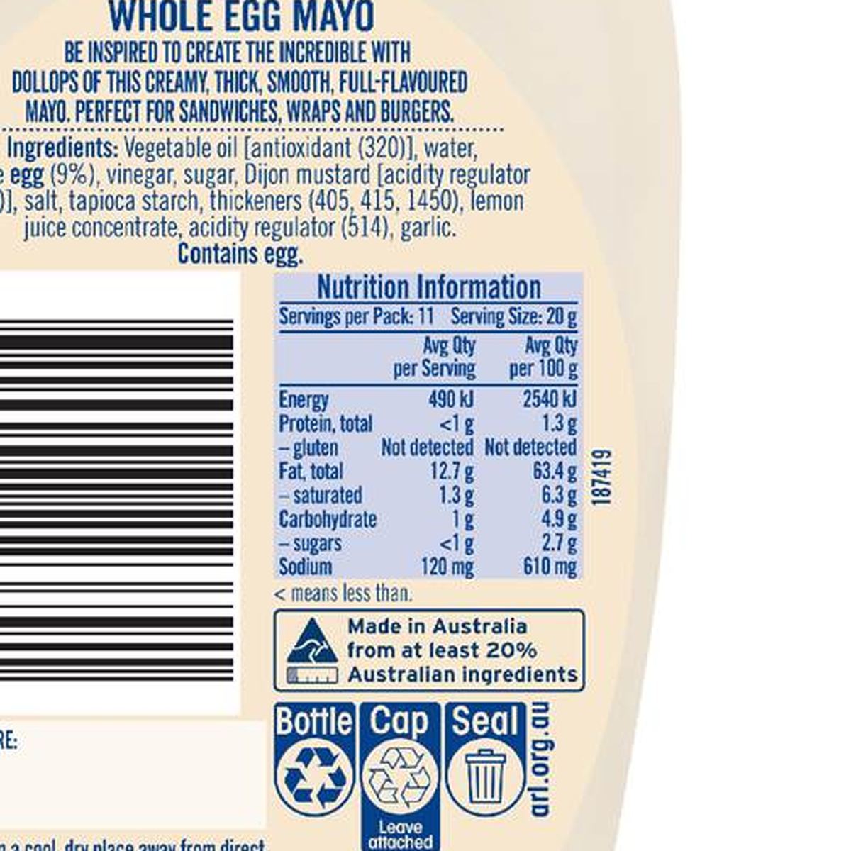 Pack photograph of Praise Whole Egg Creamy Mayo 230g showing the printed nutrition panel