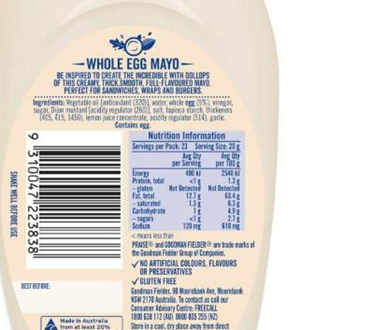 Pack photograph of Praise Whole Egg Creamy Mayo 470g showing the printed nutrition panel