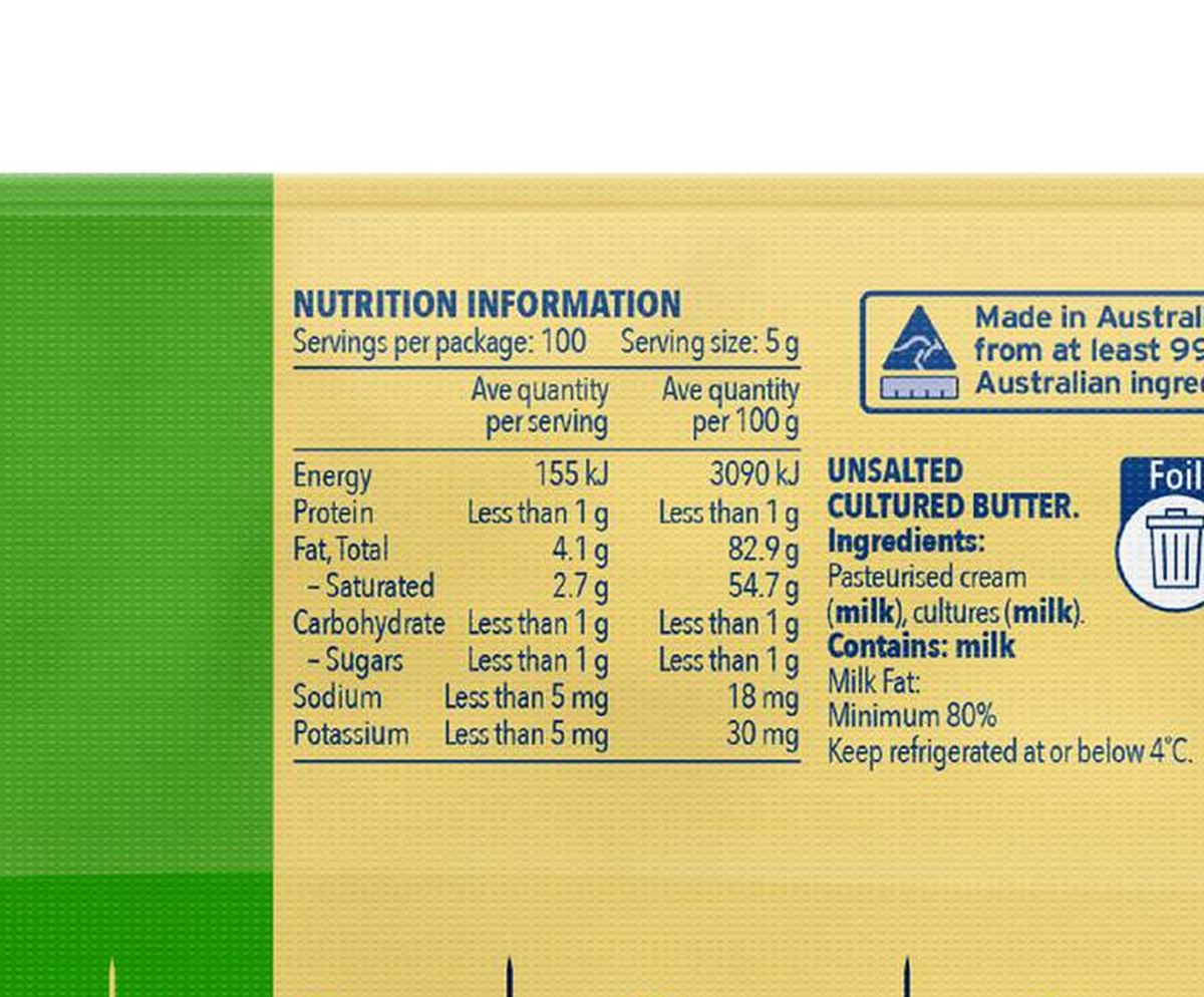 Pack photograph of Western Star Unsalted Butter Block Chef's Choice 500g showing the printed nutrition panel
