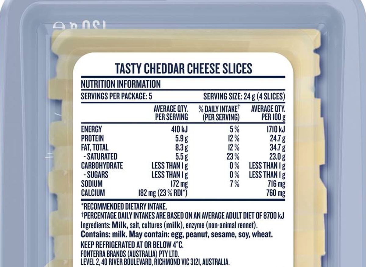 Pack photograph of Mainland Cracker Cuts Tasty Cheese Snacks 120g showing the printed nutrition panel