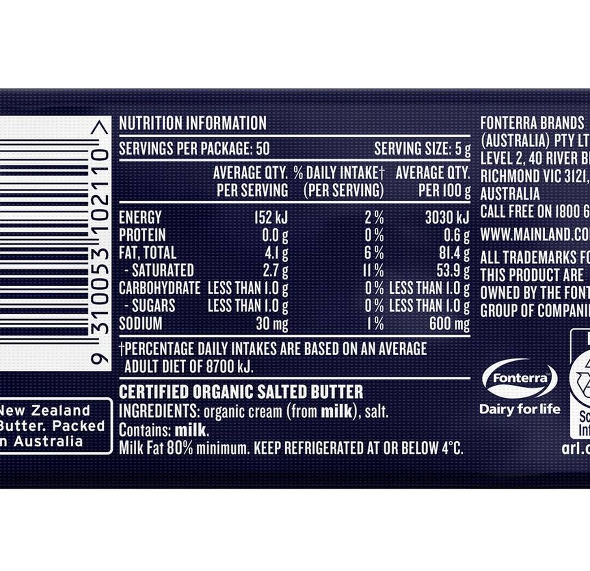Pack photograph of Mainland Organic Butter Block Butter 250g showing the printed nutrition panel