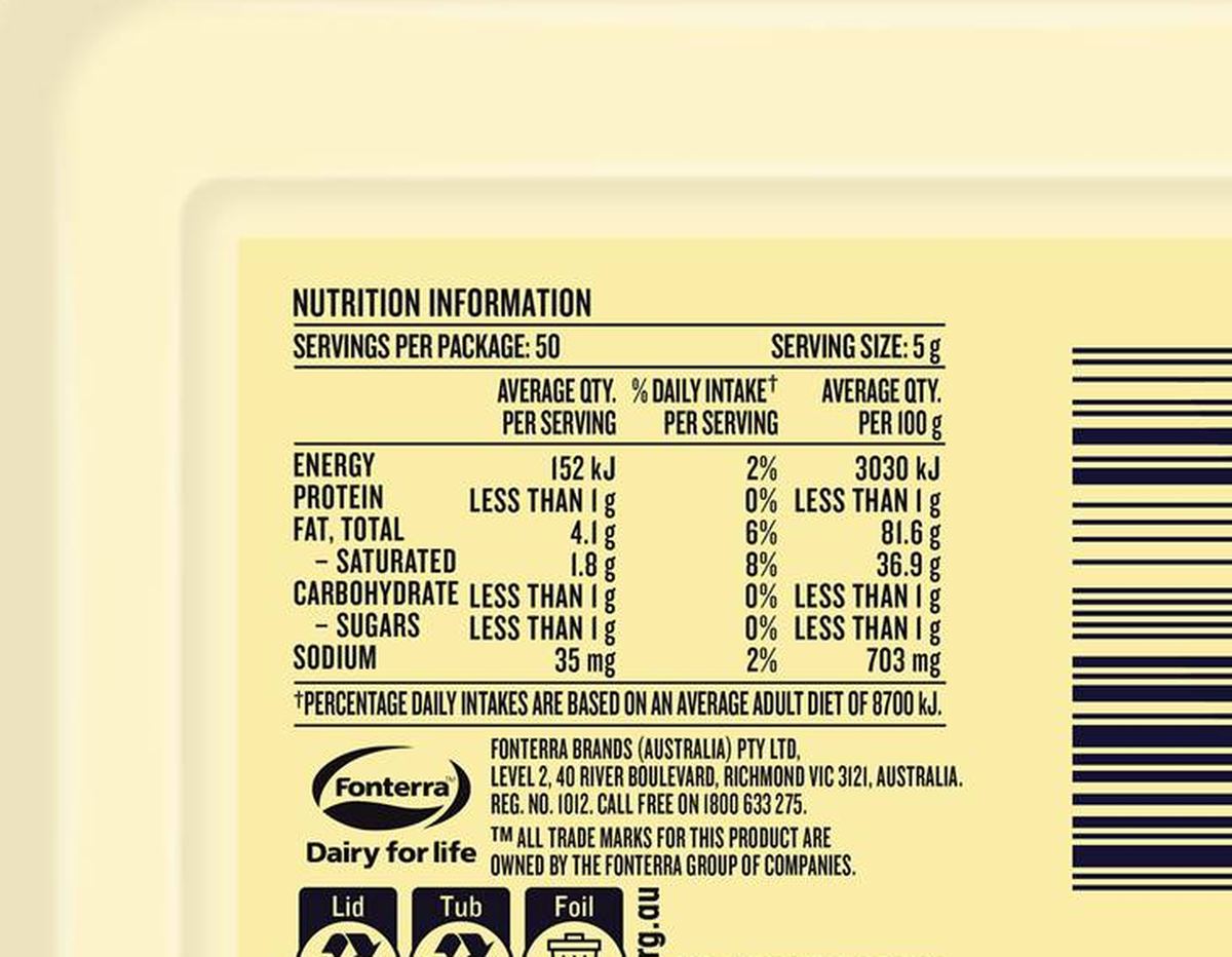 Pack photograph of Mainland Organic Spreadable Butter Tub Spreadable Butter 250g showing the printed nutrition panel