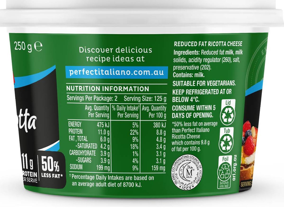 Pack photograph of Perfect Italiano Light Ricotta Cheese 250g showing the printed nutrition panel