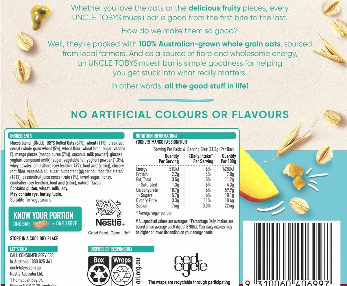 Pack photograph of Uncle Tobys Muesli Bars Yoghurt & Mango & Passionfruit 6 pack showing the printed nutrition panel