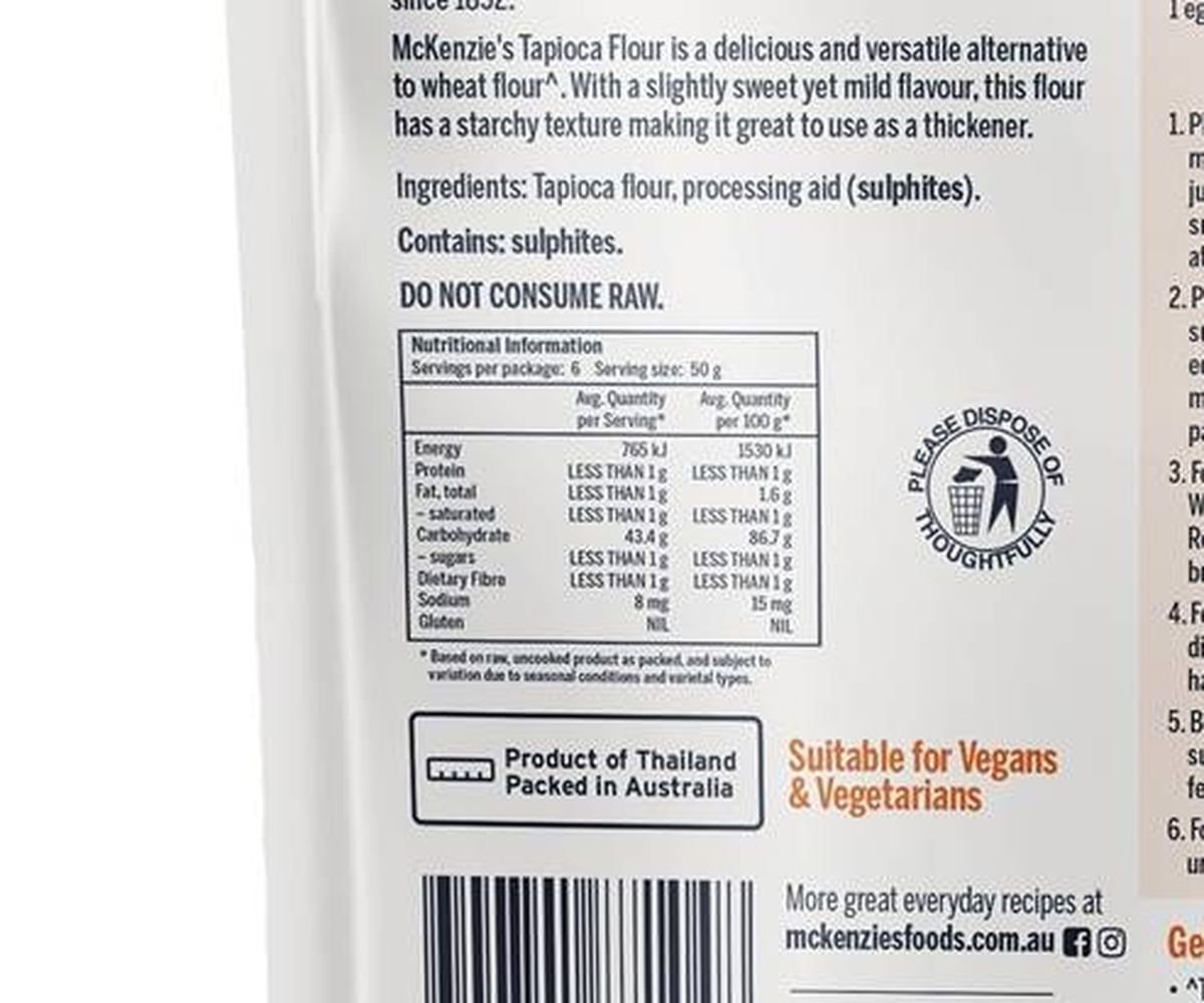 Pack photograph of McKenzie's Tapioca Flour 300g showing the printed nutrition panel