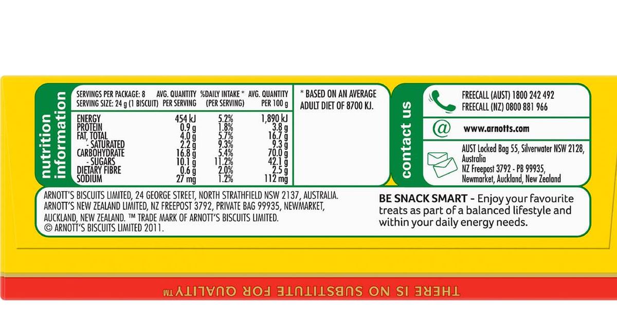 Pack photograph of Arnott's Wagon Wheels Chocolate Biscuits 8 pack showing the printed nutrition panel