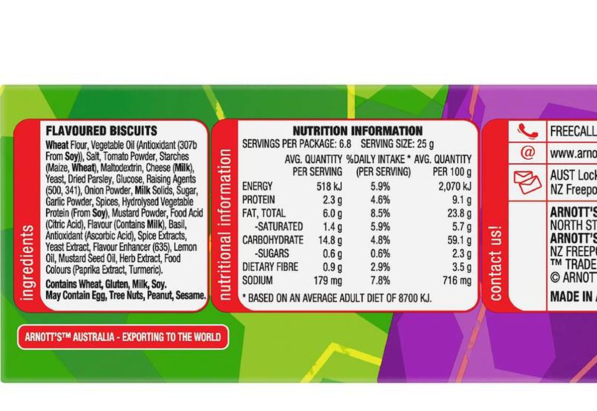 Pack photograph of Arnott's Bizza Shapes Crackers 170g showing the printed nutrition panel
