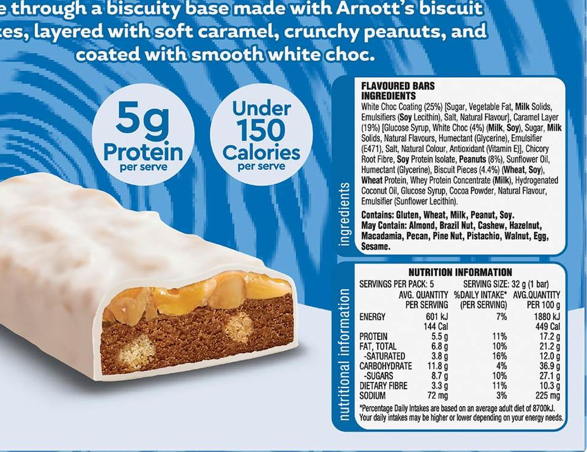 Pack photograph of Arnott's Quatro White Choc Bars Caramel & Peanut 160g 5 pack showing the printed nutrition panel