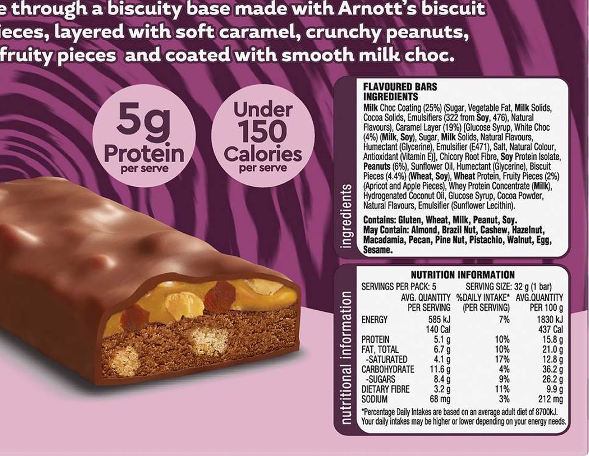Pack photograph of Arnott's Quatro Fruity Pieces Bars Caramel & Peanut 160g 5 pack showing the printed nutrition panel