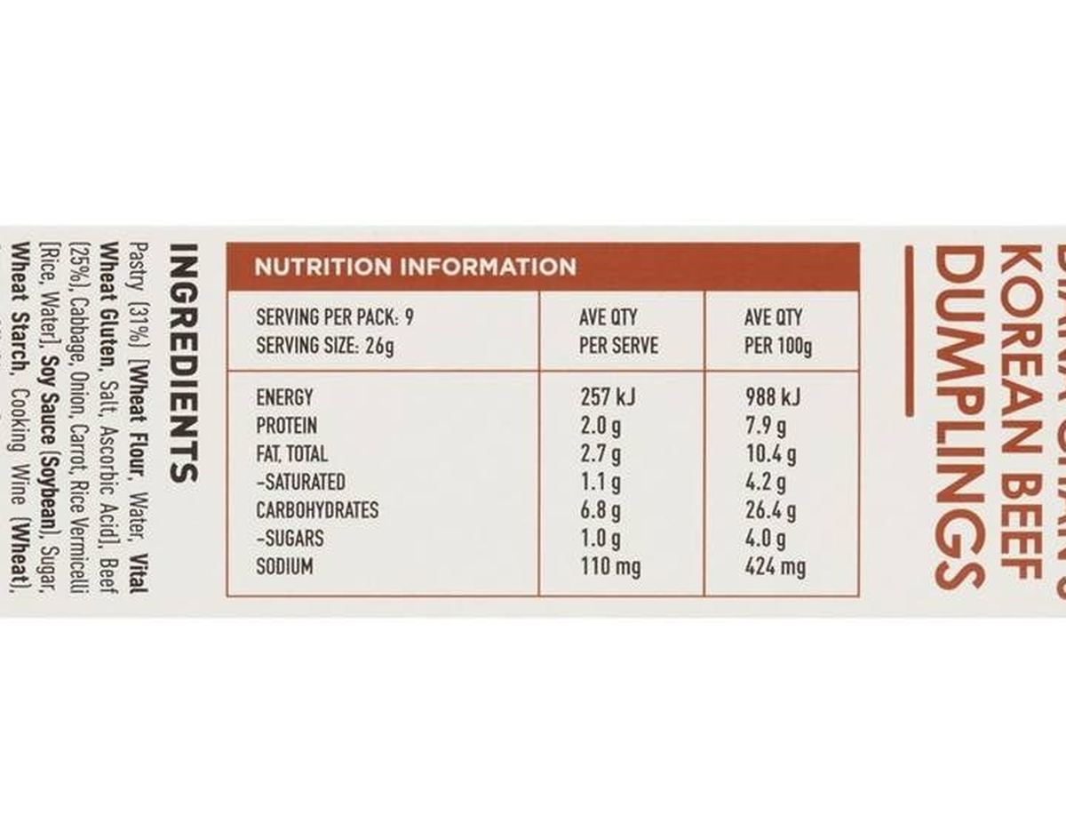 Pack photograph of Golden Wok Diana Chan Korean Beef Dumpling 230g showing the printed nutrition panel