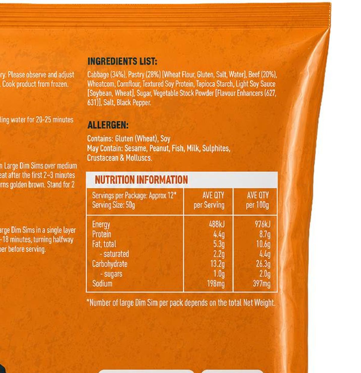 Pack photograph of Grandma's Kitchen Large Dim Sims Beefs 600g showing the printed nutrition panel