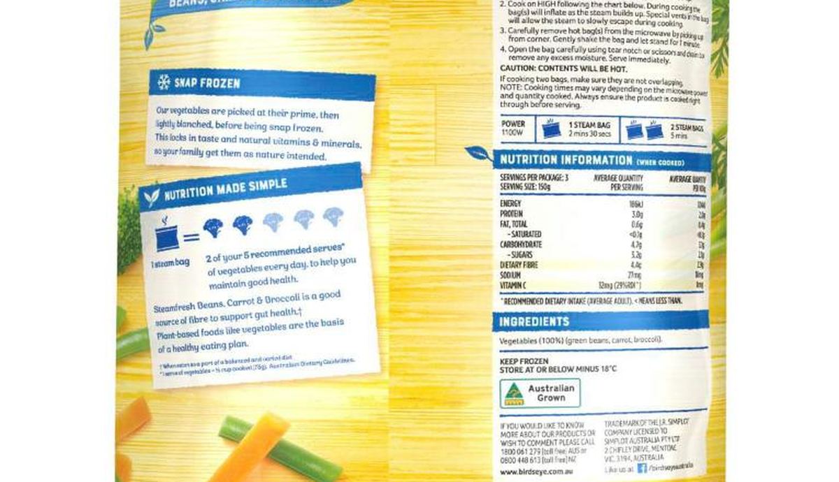 Pack photograph of Birds Eye Steamfresh Frozen Beans Carrot & Broccoli 450g showing the printed nutrition panel