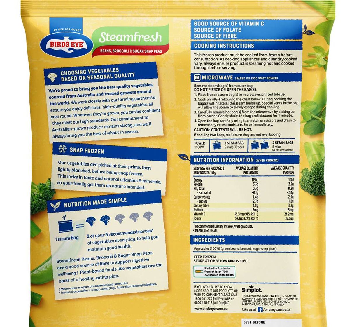 Pack photograph of Birds Eye Steamfresh Frozen Beans Broccoli & Sugar Snap Peas 450g showing the printed nutrition panel